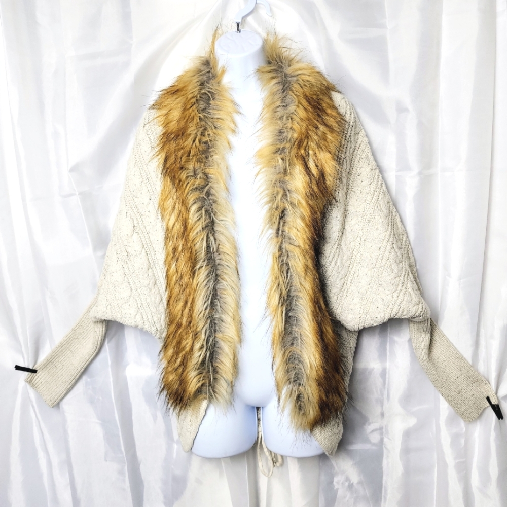 a.Gain Open Wool Blend Cardigan Faux Fur Collar Sweater Cable Knit Cream Sz S/M